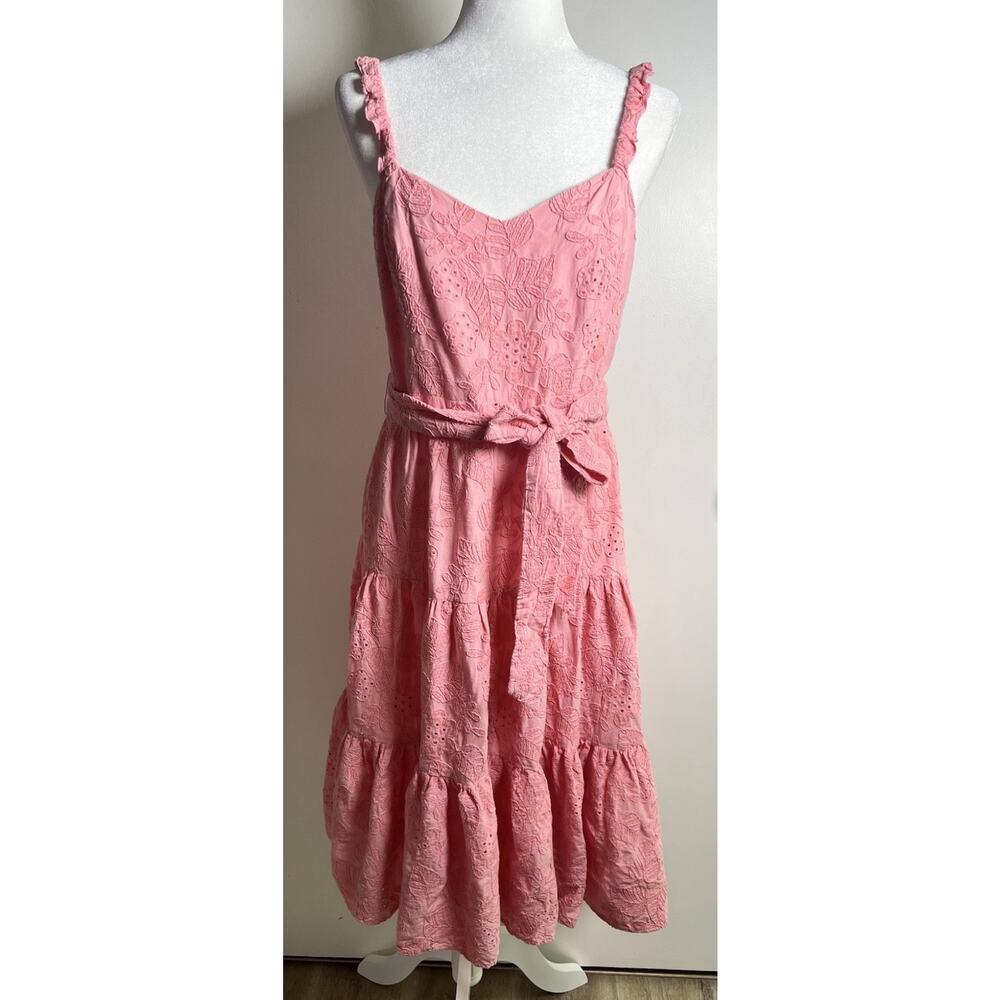 WILLA STORY Penelope Size‎ Large Pink Eyelet Belted Tiered Cotton MIDI Dress